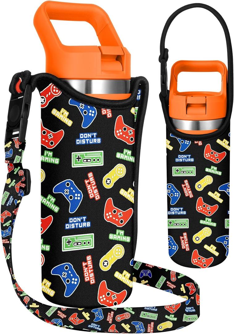 Miss Adola Water Bottle Carrier with Strap - Handheld Kids Water Bottle Holder for 14-20 oz Cute Cartoon Design Neoprene Crossbody Bottle Sling Bag for Boys for Insulated Drink Bottle, Colorful Game