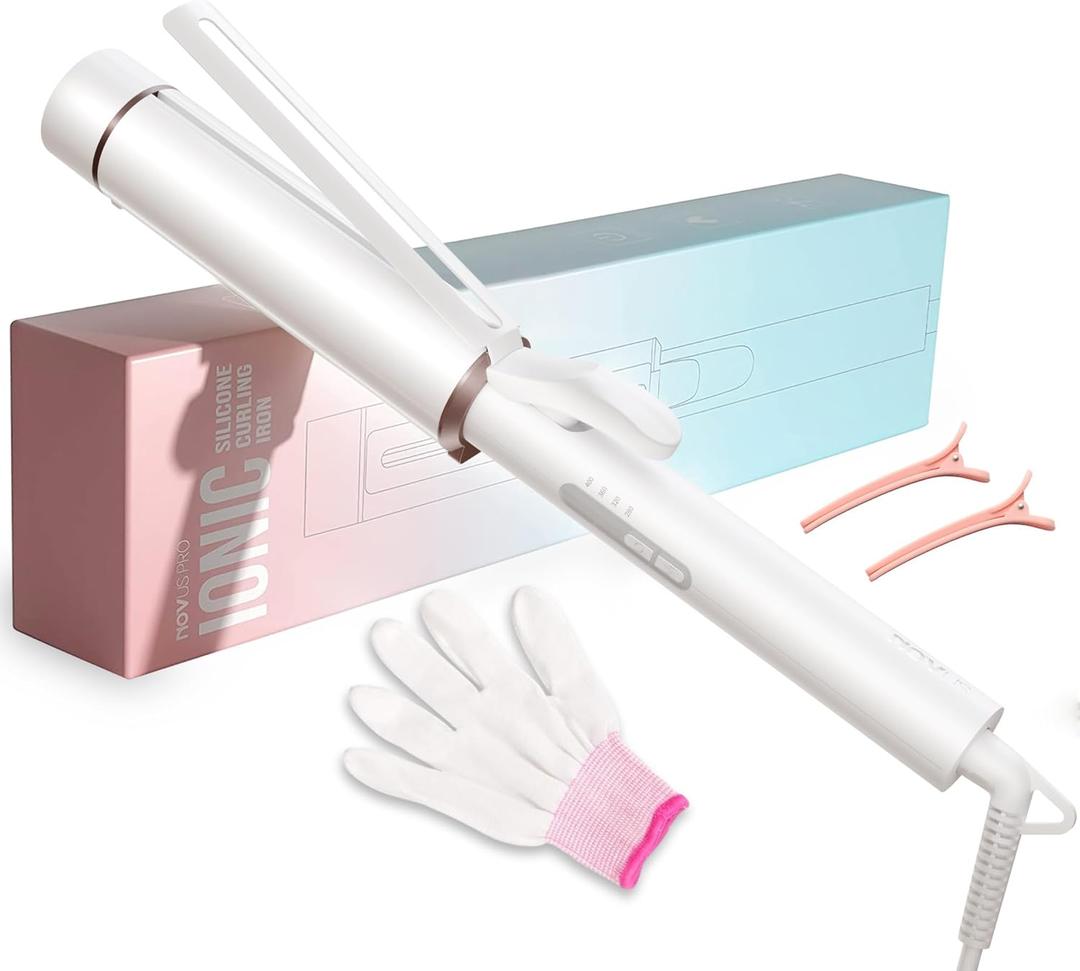 1.5 Inch Extra Large Curling Wand for Long Hair - Ceramic Tourmaline Barrel with 40000000 Negative Ions, 2 Clips & Heat-Resistant Glove (White)