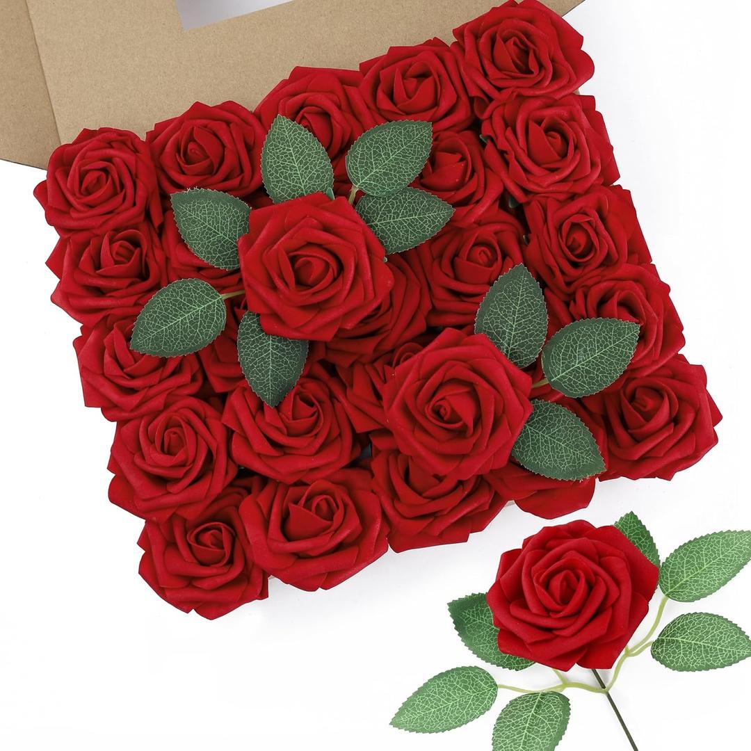 DuHouse 50Pcs Artificial Roses Flowers Fake Roses with Stems Real Touch Foam Flowers for DIY Wedding Bouquet Party Centerpiece Floral Arrangement Party Home Decor(Dark Red)