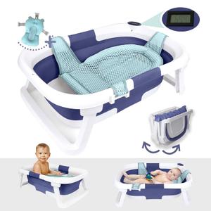 BEBELEH Collapsible Baby Bathtub with Thermometer  Bathtub + Baby tub Sling + Newborn Sling  Baby Bathtub Newborn to Toddler 0-24 Months  The Ultimate Baby Bath tub! (with Thermometer,Blue)