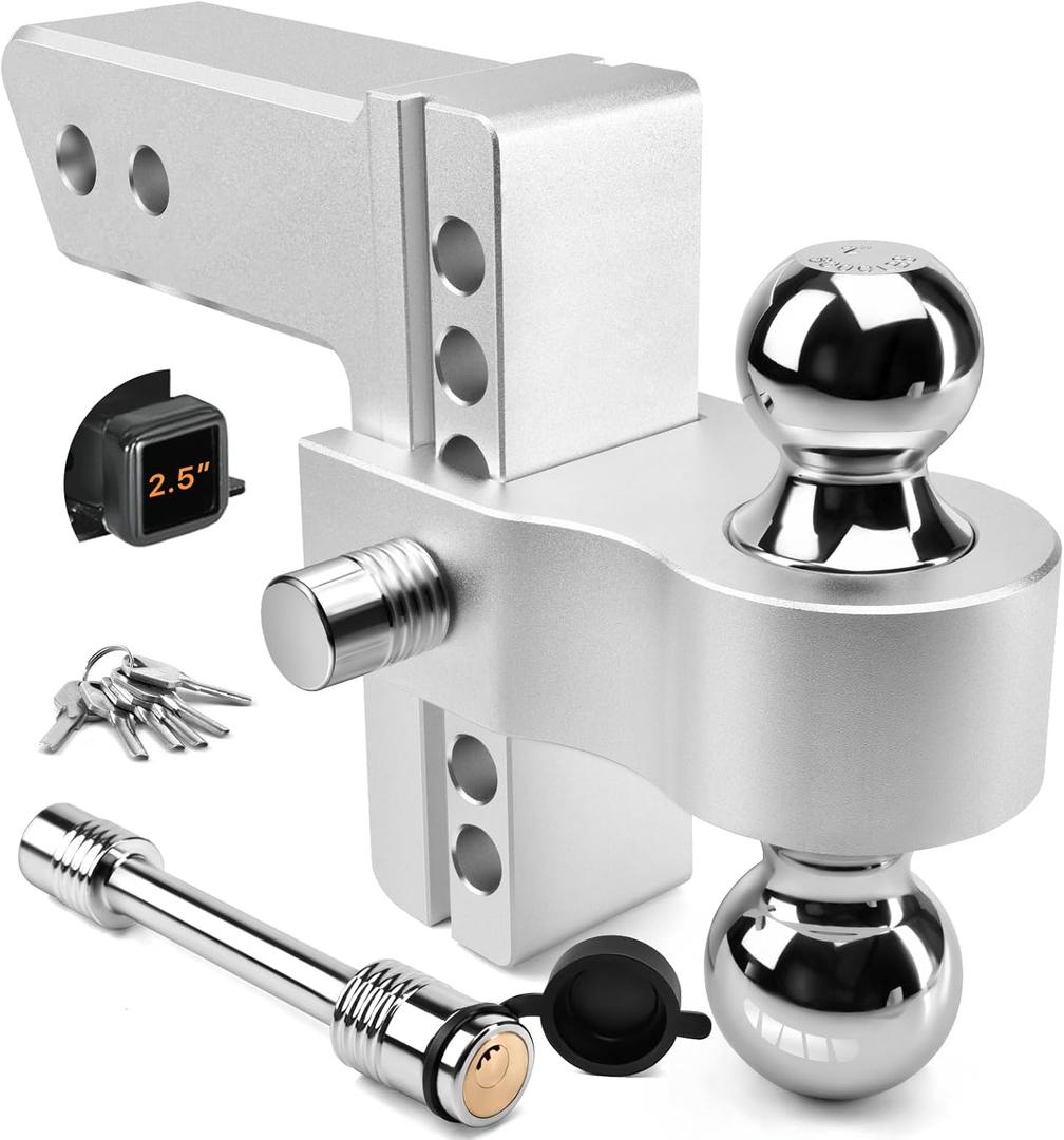 Adjustable Trailer Hitch - Tlvuvmo Aluminum Drop Hitch (Fits 2.5'' Receiver), 6 Inch Drop/Rise, 18,500 LBS GTW Heavy Duty Truck Hitch, (2'' & 2-5/16'') Chrome Plated Steel Balls - Tow Hitch Ball Mount