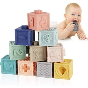 Mini Tudou Baby Blocks Soft Building Blocks Baby Toys Teethers Toy Educational Squeeze Play with Numbers Animals Shapes Textures 6 Months and Up 12PCS