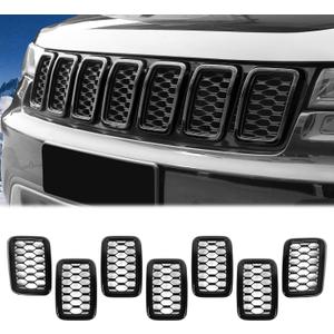 JeCar Front Grill Rings Honeycomb Grille Mesh Inserts Cover Trim Kit for 2017-2020 Jeep Grand Cherokee, Black (7Pcs)