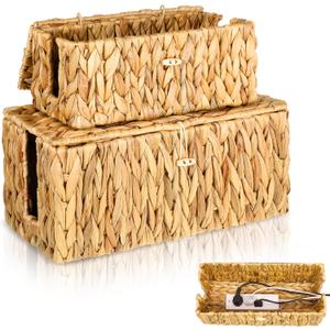 Cable Management Box with Lid 2 Pack Handwoven Water Hyacinth Decorative Cord Hider Organizer 2 Side Open Slots Storage Boxs Wicker Power Cord Box to Hide Cords and Power Strip for Desk Floor Office
