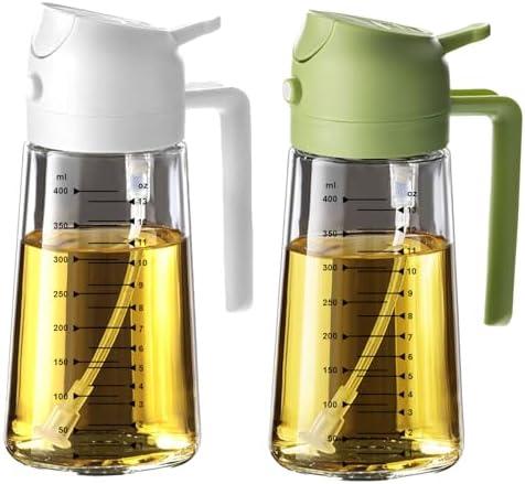 TrendPlain 16oz/470ml Glass Olive Oil Sprayer for Cooking – 2 in 1 Olive Oil Dispenser Bottle for Kitchen Gadgets and Air Fryer Accessories, Salad, BBQ - White & Green