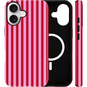 Jusy Compatible with MagSafe Striped Phone Case for iPhone 16, Cute Aesthetic Magnetic Soft TPU and Hard PC Protective Phone Cover for Women Girls (Matte) - Red