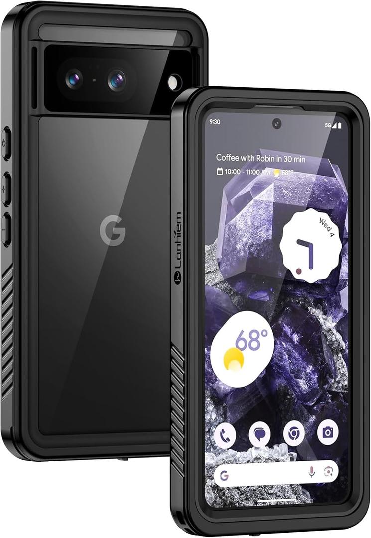 Lanhiem Pixel 8 Case, IP68 Waterproof Dustproof Case with Built-in Screen Protector, Rugged Full Body Shockproof Protective Clear Cover for Google Pixel 8 6.2 Inch, Black