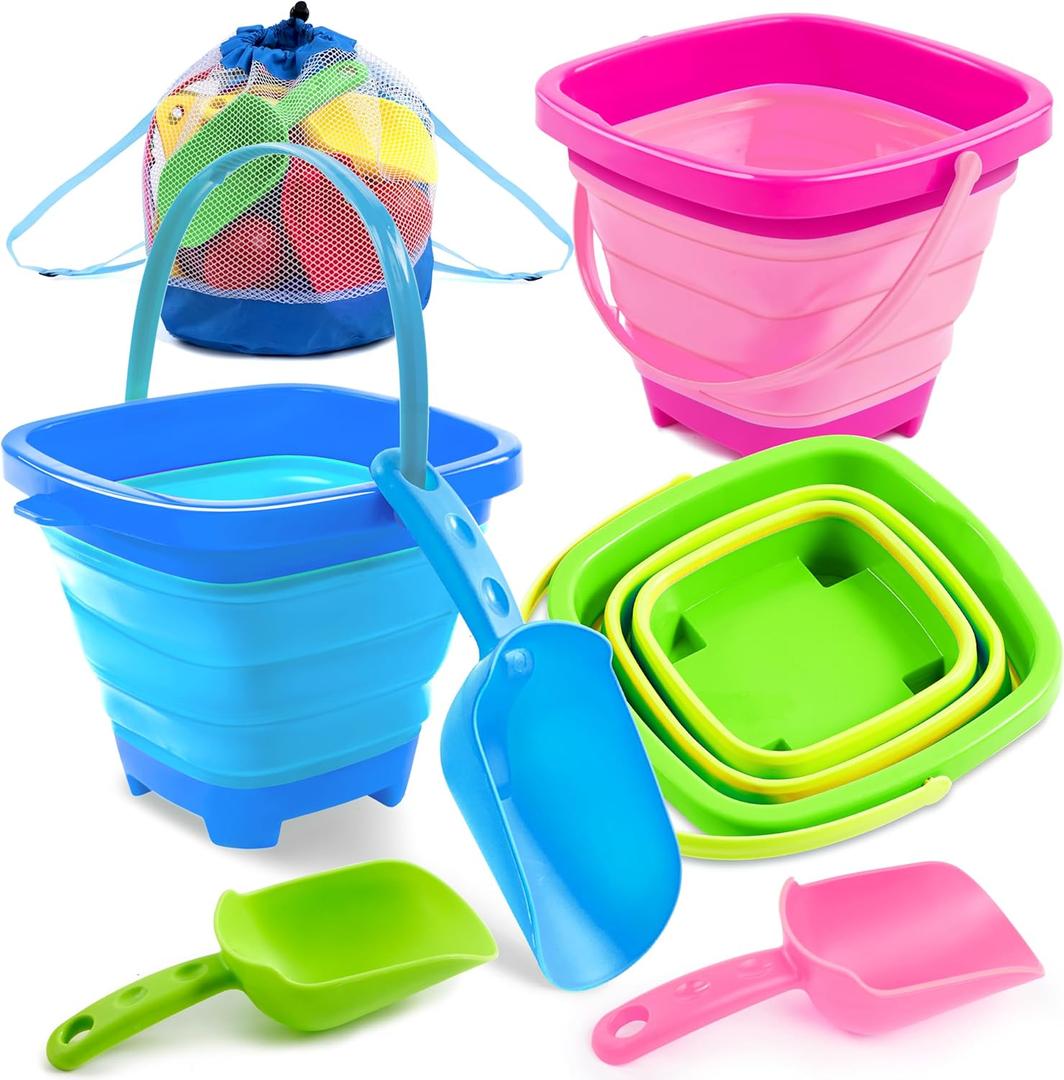 Sloosh 3 PCS Foldable Buckets with 3 Shovels, Square Sand Water Bucket Sandbox Party in Summer Collapsible Silicone Pail Bucket Toddler Kids Beach Camping Travelling Portable Toys (Blue/Pink/Green)