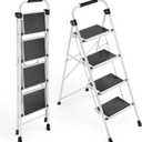 KINGRACK 4 Step Ladder, Folding Step Stool with Anti-Slip and Wide Pedal, Lightweight Stepladder with Handrails, Portable for Kitchen, Household, White