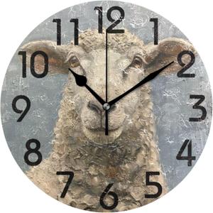 Pretty Farm Lifelike Cute Sheep Painting Round Wall Clock, 10 Inch Analog Quiet Non Ticking Desk Clock for Home Kitchen/Living Room/Bedroom/Bathroom/Office