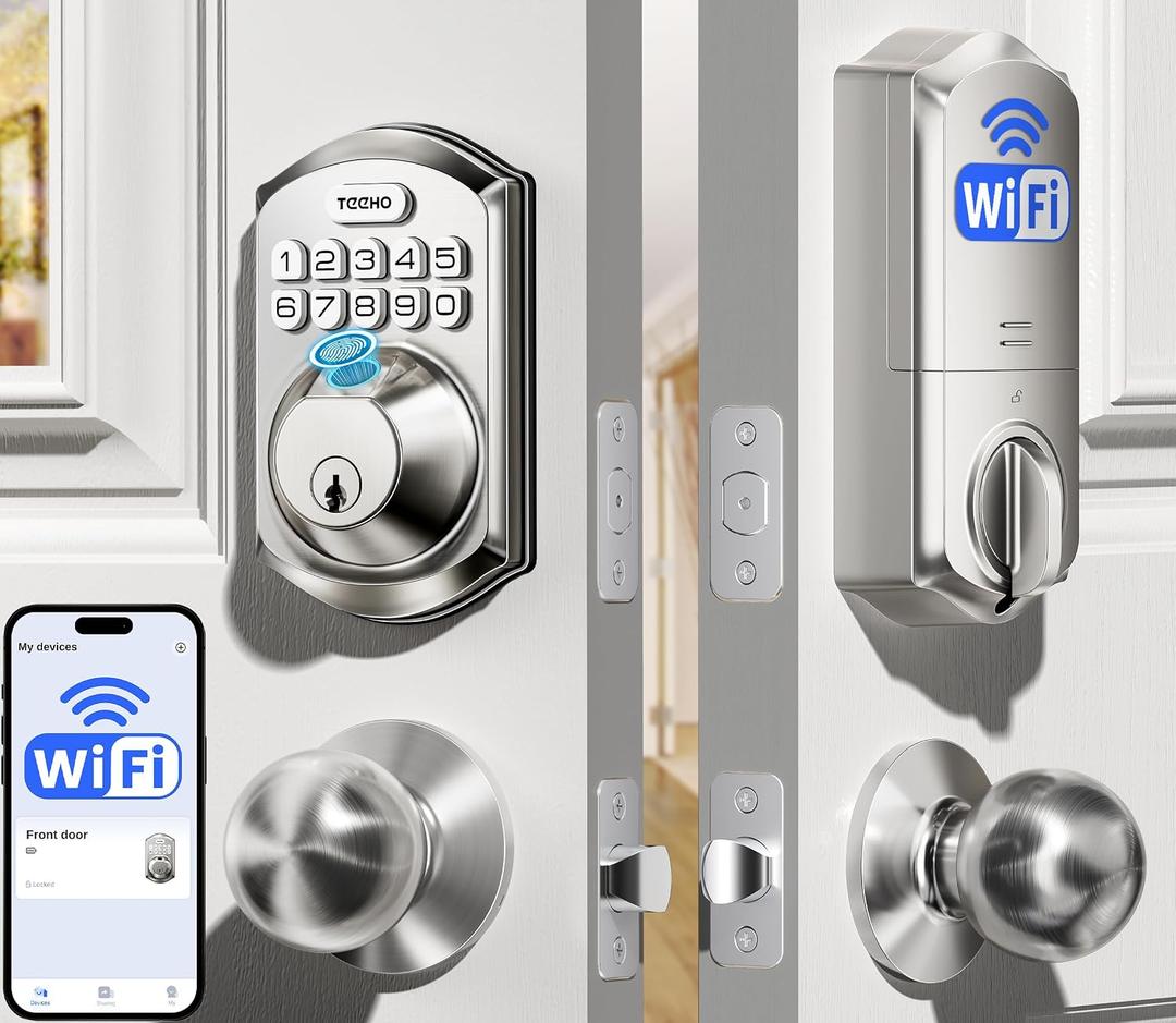 TEEHO TE012W-K WiFi Smart Keyless Entry Door Lock with Handle, Fingerprint Door Knob & Digital Keypad, APP Remote Control, Works with Alexa & Google, Electronic Deadbolt for Front Door, Satin Nickel