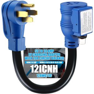 Kanayu Overload Protection NEMA 14-50P to 6-20/15R 5-20/15R EV Charge Adapter with 20A Circuit Breaker, 50A 240V EV/RV/Generator Plug to Home Outlet T Blade, NOT 110V, 1FT, ETL Listed