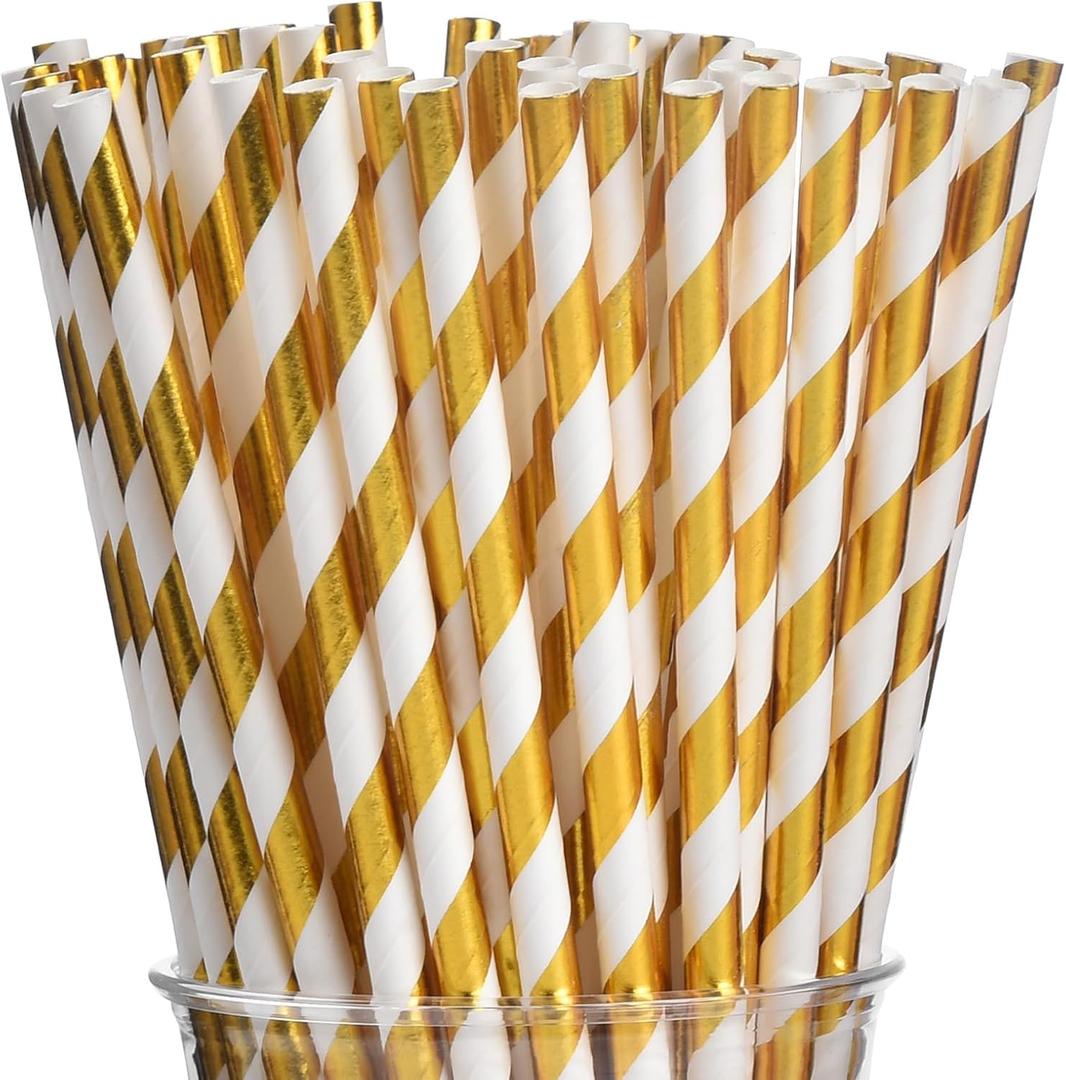 ALINK 100 White and Gold Striped Paper Straws, Biodegradable Disposable Drinking Straws for Birthday, Bridal/Baby Shower, Christmas, New Year, Party Decoration Supplies