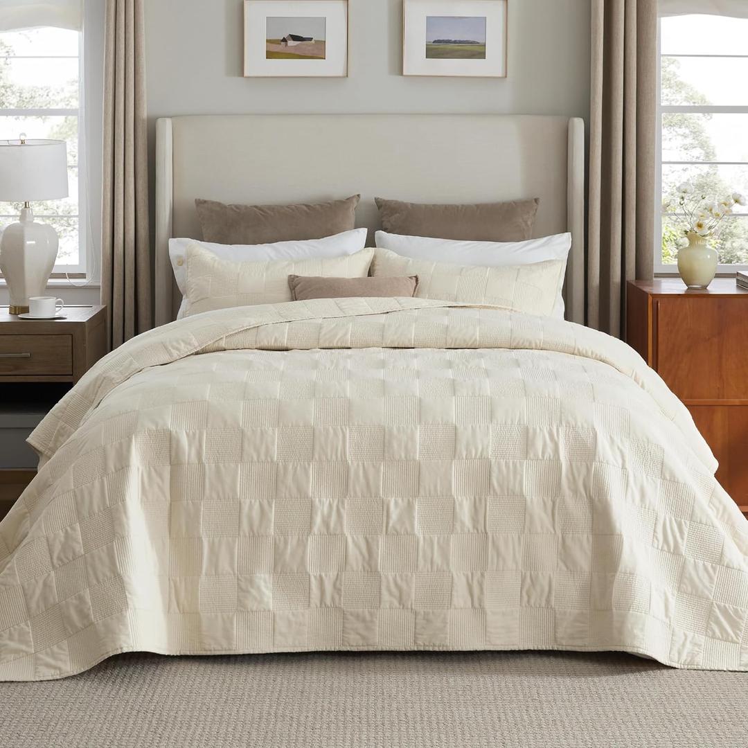 Bedsure 100% Cotton Quilt Set - Lightweight King Bedspread, Cozy Beige Bedding Coverlet, PureWoven, 3-Piece with Pillow Shams in Checker Pattern for All Season, 106x96 inches, 100% Cotton Voile