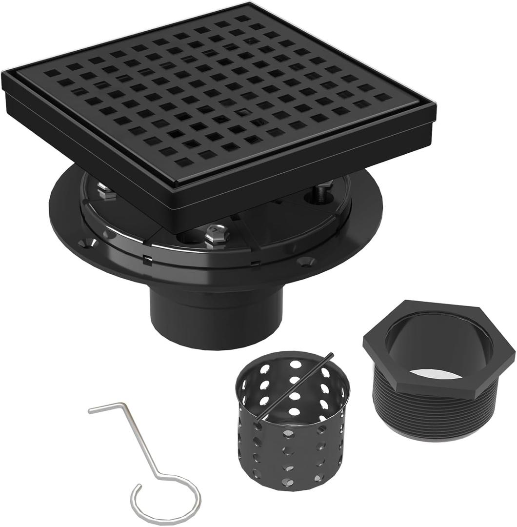 Square Shower Drain | 6 Inch AISI 304 Stainless Steel Shower Drain Kit with ABS Flange, Hair Strainer, Matte Black Shower Floor Drain with Removable Grid Cover, in Bathroom, Kitchen, Balcony etc.