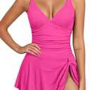 Aleumdr Ribbed One Piece Swimdress Swimsuits for Women Tummy Control Tie Knot Swim Skirt V Neck Bathing Suit (Pink, M)