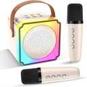 EFAILY Karaoke Machine for Kids, Christmas Birthday Gifts Toys Portable Bluetooth Speaker with 2 Wireless Microphones, Mini Karaoke Machine with LED Light for 4-12+ Years Old - Beige