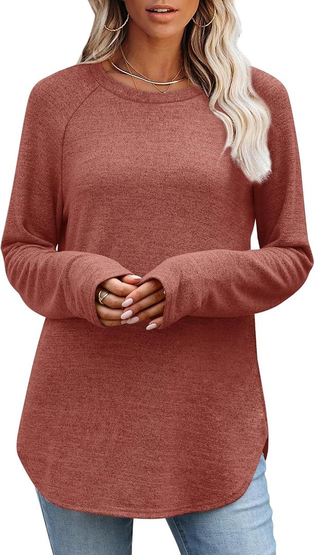OFEEFAN Long Sleeve Shirts for Women Loose Fit Tunic Tops dressy casual Crew Neck Pullover Sweaters fall Outfits Clothes 2025 (XX-Large, Caramel)