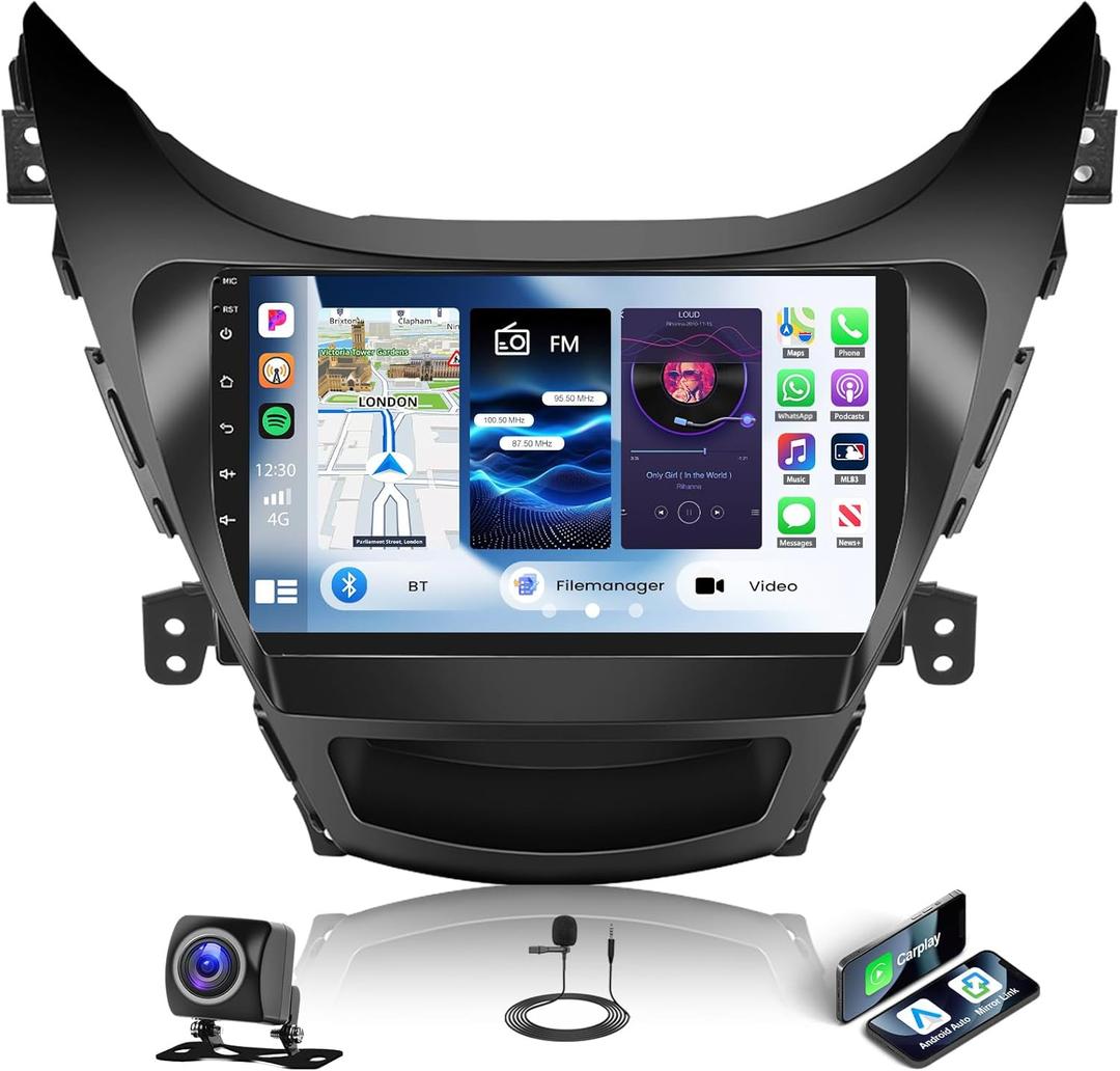 [2+64G] Android 15 Car Stereo for Hyundai Elantra Radio 2011 2012 2013, Wireless CarPlay Radio Android Auto, Hikity 9'' Touch Screen Car Radio GPS Mirror Link WiFi Backup Cam Bluetooth SWC FM/RDS