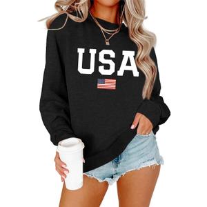 Dressmine Womens Crewneck Sweatshirt American 4Th of July Shirt Loose USA Flag Tops Trendy Crewneck Pullover Black Small