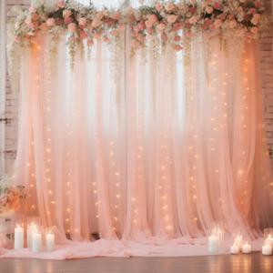 108ft Peach Tulle Curtain Backdrop with Lights String for Parites, Sheer Backdrop Curtain Drapes for Wedding Photo Baby Shower Photography Birthday Party