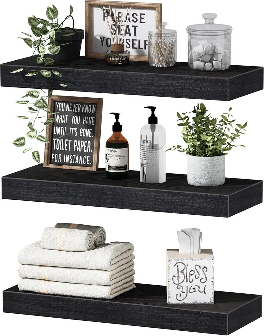 QEEIG Floating Shelves for Wall Bathroom Shelf Bedroom Kitchen Living Room Hanging Book Shelves Small Farmhouse Decor 16 inch Set of 3, Black (015-B3)