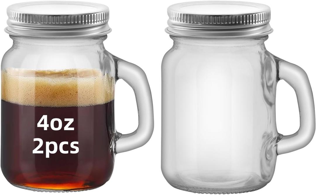 2 Pcs clear 4 oz Mini Mason Jar Mugs Mason Jar Mugs with Handles and Lids Small Drinking Glass and DIY Favor Decor Wedding Bridal Shower Party Supplies for Drinks, Gifts, Candles and Crafts