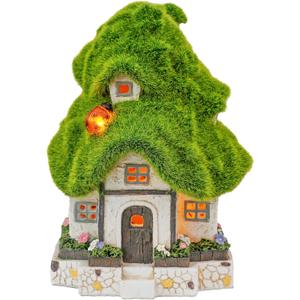 TERESA'S COLLECTIONS Flocked Garden Statue and Figurine Fairy House with Solar Outdoor Lights, Resin Garden Decor Outdoor Statues Garden Cottage Yard Decor Porch Lawn Ornaments Gifts for Mom, 7.4"