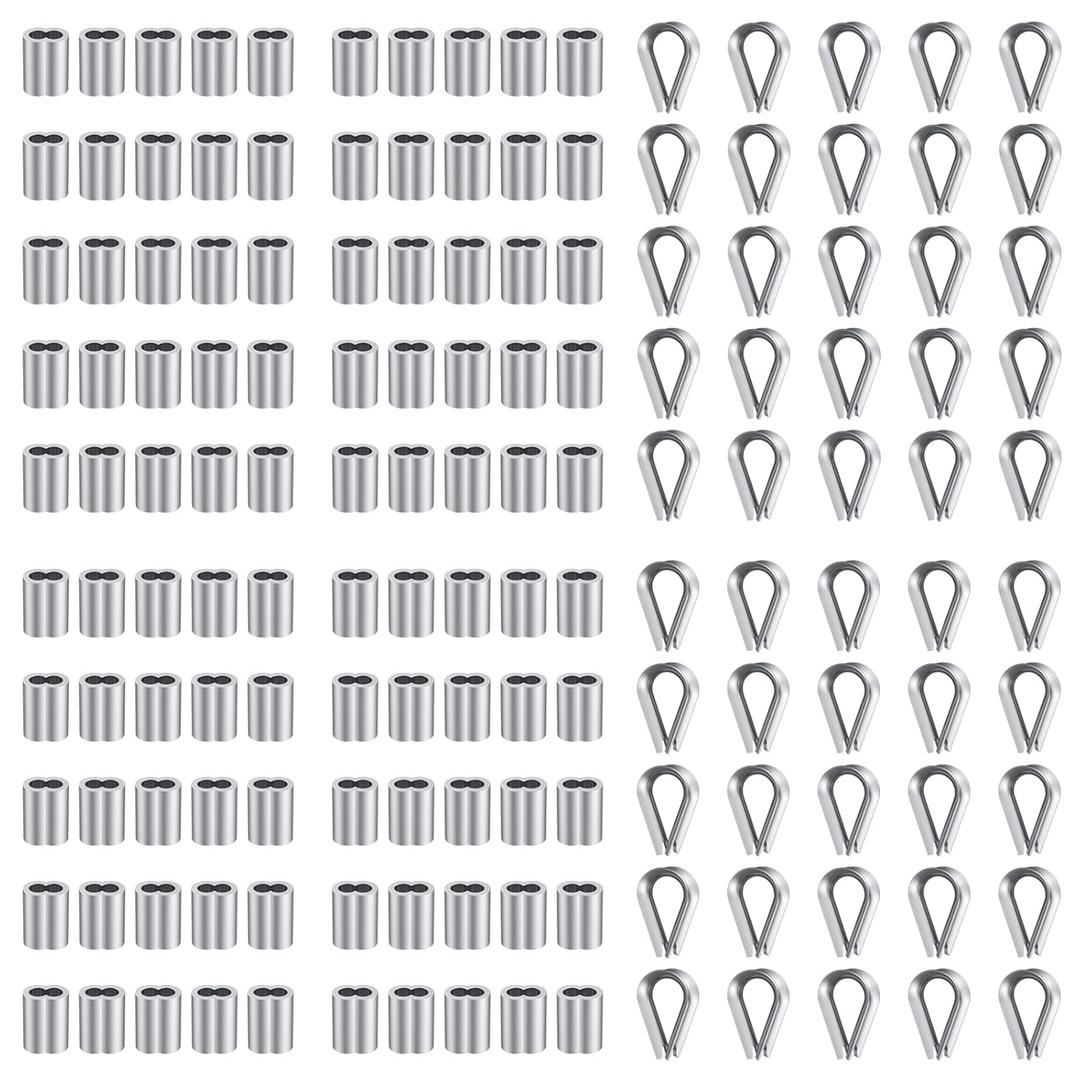 100Pcs 1/8" Aluminum Crimp Loop Sleeves and 50Pcs M3 Stainless Steel Thimble for Wire Rope Crimping Tool