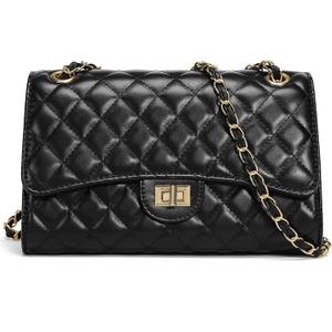 Quilted Crossbody Bag for Women Trendy Ladies Shoulder Bag PU Leather Cross Body Purses Satchel HandBag with Chain Strap (Black)