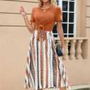 Women's Casual Summer Dress Crewneck Short Sleeve Tie Knot Front Flowy Midi Dress with Pockets for Party & Daily (Brown, L)