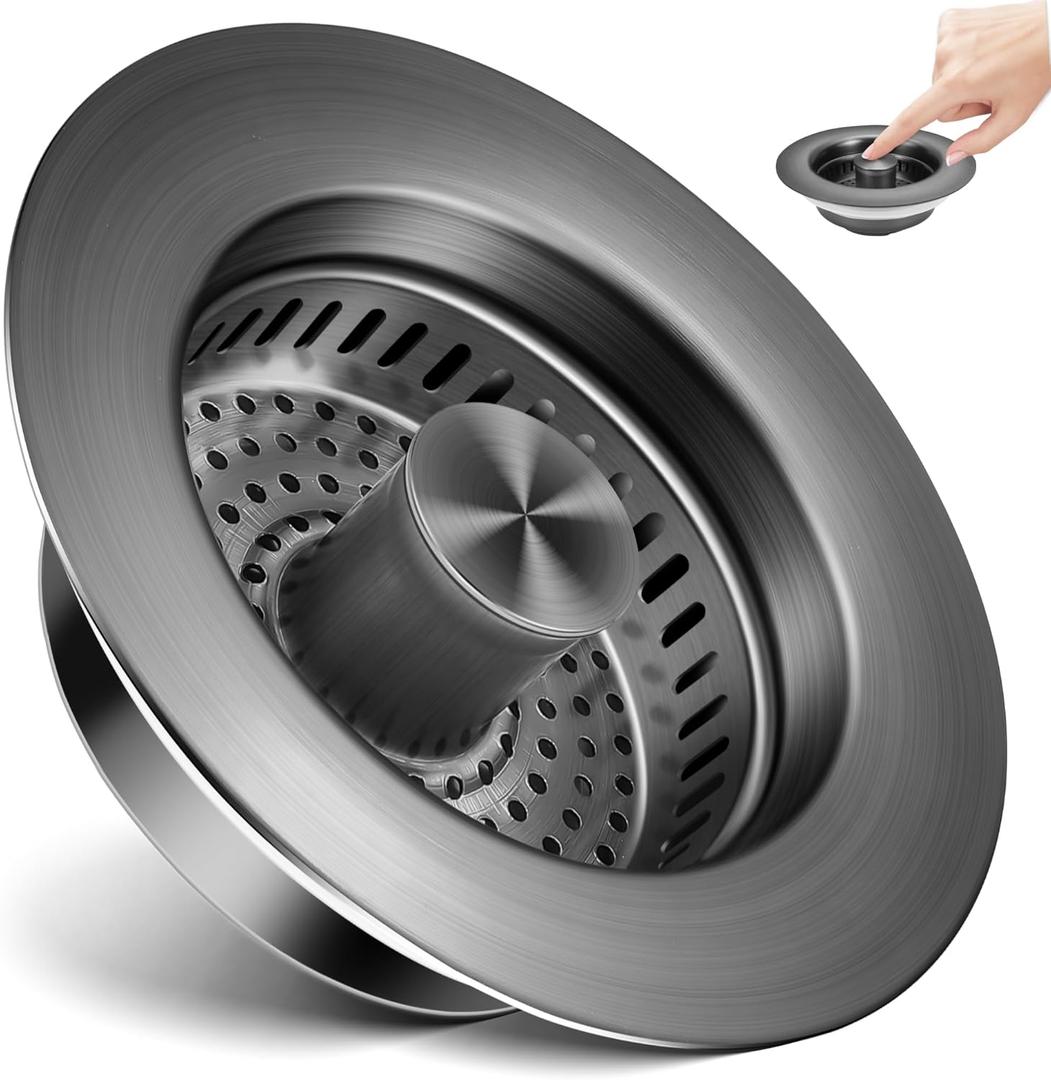 Kitchen Sink Drain Strainer 3 in 1, 304 Stainless Steel Pop Up Sink Stopper, Anti-Clogging Sink Drain Strainer for US Standard Kitchen Drain (Gunmetal Gray)