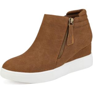 DREAM PAIRS Women's Platform Wedge Sneakers Ankle Booties (5, Tan)