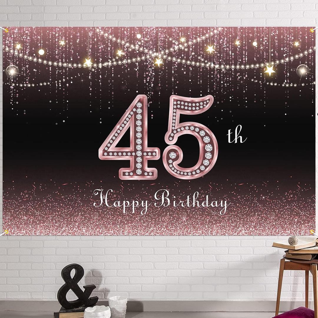 HAMIGAR 6x4ft Happy 45th Birthday Banner Backdrop - 45 Years Old Birthday Decorations Party Supplies for Women - Rose Gold