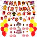 52 PCS Firefighter Birthday Party Decorations, Fire Truck Happy Birthday Banner, Cake Cupcake Topper, Yellow Red Balloons, for Fireman Firefighter Truck Themed Party Supplies