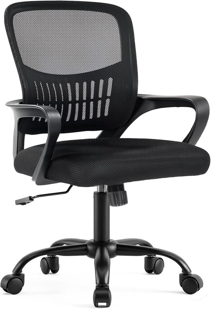 DUMOS Home Office Chair - Ergonomic Mid Back Mesh Desk Chair with Lumbar Support & Rocking Mode, Height Adjustable, Fixed Armrest, for Conference, Computer, 360 Swivel, Adults, Black