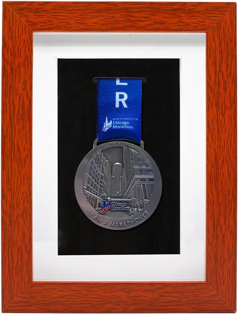 6x8'' Medal Display Frame, Single Medal Display Case, Wooden Medals Shadow Box Frame for Marathon Gymnastics Soccer Race Sports Awards - Teak