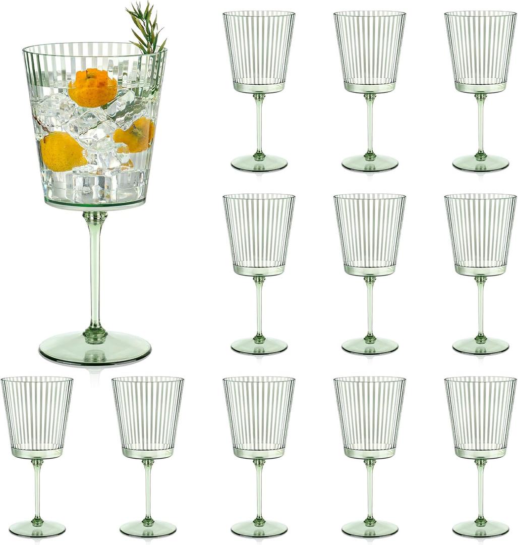 12 PCS Green Plastic Wine Glasses with Removable Stems 13.5 Oz Ribbed Wine Glasses Square White Wine Glass Muted Pastel Colors Goblets Elegant Fluted Glassware for Wedding Anniversary Birthday