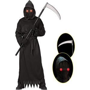 Lomesion Grim Reaper Halloween Costume with Glowing Red Eyes for Kids, Scythe Included (Unisize)