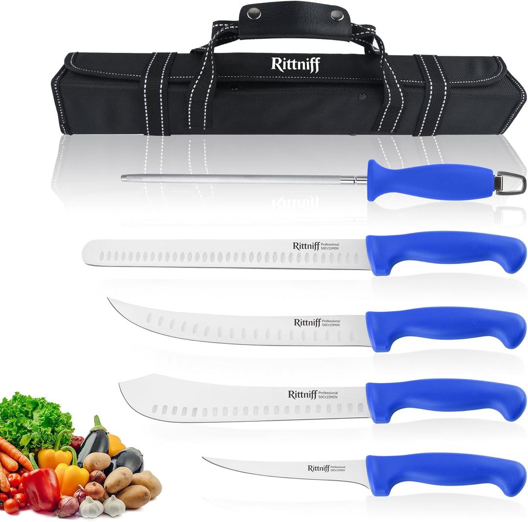 Stainless Steel Camping Knife - 5 PCS Chef Knives with Roll Bag, Kitchen Knife Set for Cutting Meat, Fruits & Vegetables (Blue)