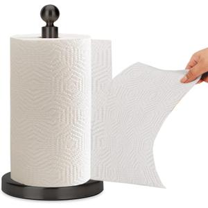 Paper Towel Holder Countertop, Standing Paper Towel Roll Holder for Kitchen Bathroom, with Weighted Base for One-Handed Operation, No Wobbly (Stainless Steel Base, Black)