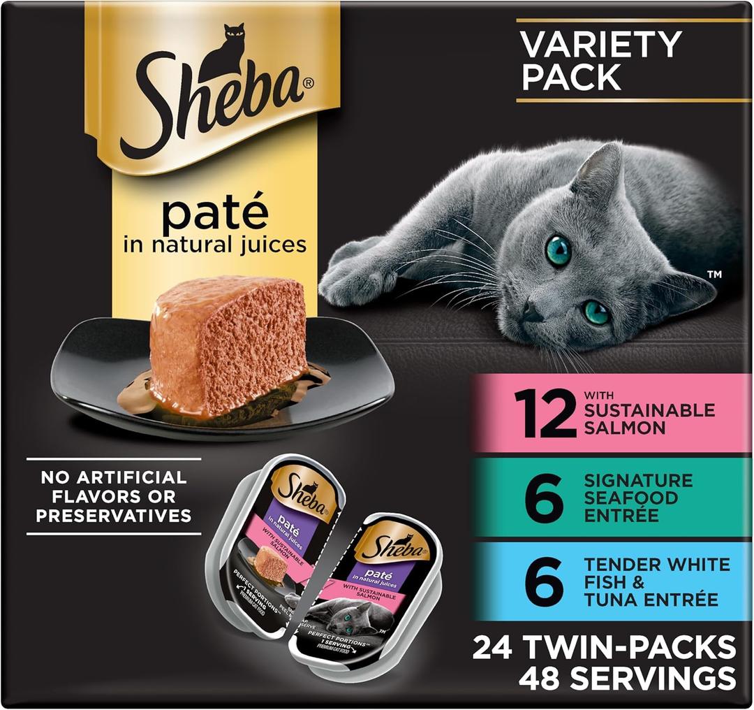 Sheba Perfect Portions Wet Cat Food Pate with Sustainable Salmon, Signature Seafood Entree, and Tender White Fish and Tuna Entree Variety Pack, 2.6 oz. Twin Pack Trays (24 Count, 48 Servings) BBD: 

04/13/2027