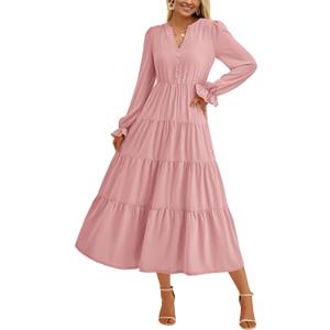 PRETTYGARDEN Long Sleeve Dress for Women Fall V Neck Tiered A Line Spring Elegant Modest Flowy Wedding Guest Maxi Dresses (Pink, S)