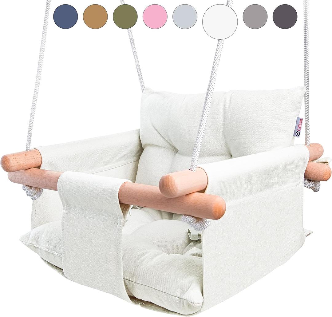 CaTeam - Canvas Baby Swing, Wooden Hanging Swing Seat Chair with Safety Belt, Durable Baby Swing Chair, Outdoor and Indoor Swing for Kids, Mounting Hardware Included, Ivory (Ivory)