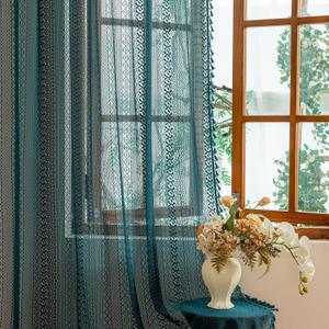 Sutuo Home Boho Curtains 2 Panels for Kitchen Nursery,Turquoise Lace Curtains Semi Sheer Crochet Vintage Hollow Country Tassels Bohemian Drape Privacy Window Treatments Rod Pocket, 50" x 63" Teal