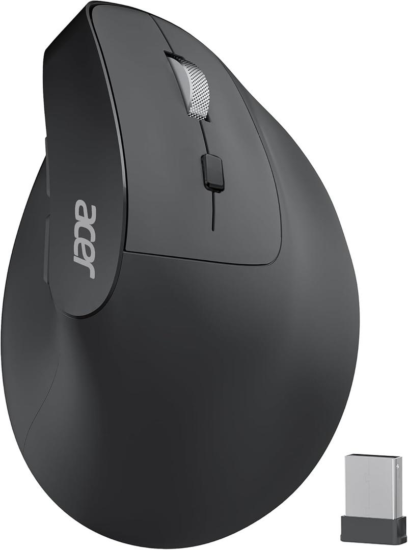 acer Ergonomic Mouse Wireless, Adjustable DPI Vertical Mouse 1000/1200/1600 with 6 Buttons, Rechargeable Ergo Mice, Medium to Large Sized Hands, 2.4GHz USB Receiver for Computer, Laptop, PC