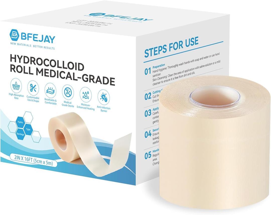 Hydrocolloid Bandages for Wound Care, Medical-Grade Hydrocolloid Roll with Self-Adhesive, Ultra Absorbent, Flexible & Waterproof, Cut-to-Size First Aid Kit Essential (2in*16ft) (Extra Large)