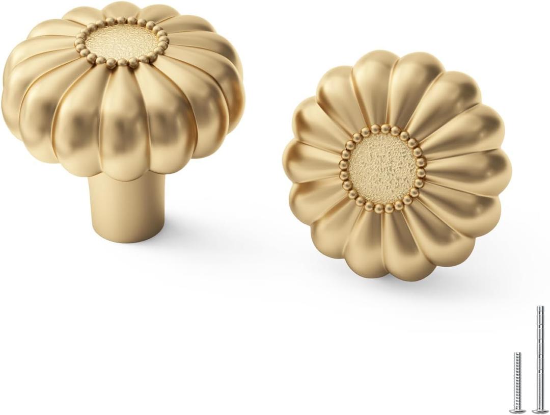 goldenwarm 2 Pack Gold Dresser Knobs for Drawer Knob for Cabinet Pulls Luxury Hardware Handle Brushed Brass Vintage Pull (Single Hole)
