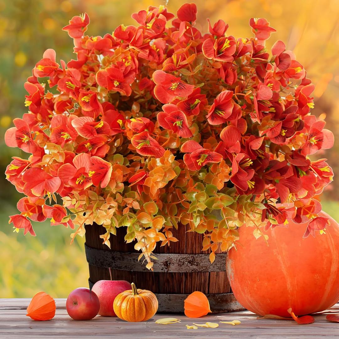 Artificial Fall Flowers for Outdoors Fall Fake Plants,12 Bundles Artificial Fall Flowers, Faux UV Resistant Silk Pansies Fall Flowers for Outsid, Faux Flowers for Outdoor Planters,(Orange/Red)