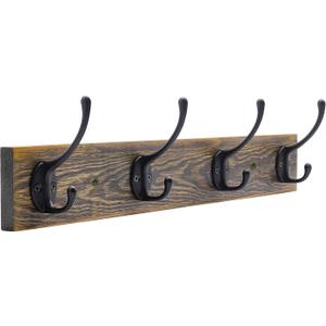 IBosins Wall Mounted Coat Rack, Entryway Hanging , Metal Wood Rack with 4 Black Literary Rustic Hooks Rail for Scarf, Bag, Towel, Key, Cap, Cup, Hat (Brown) (1 Item-4 Hooks, Brown Plate & Black Hook)